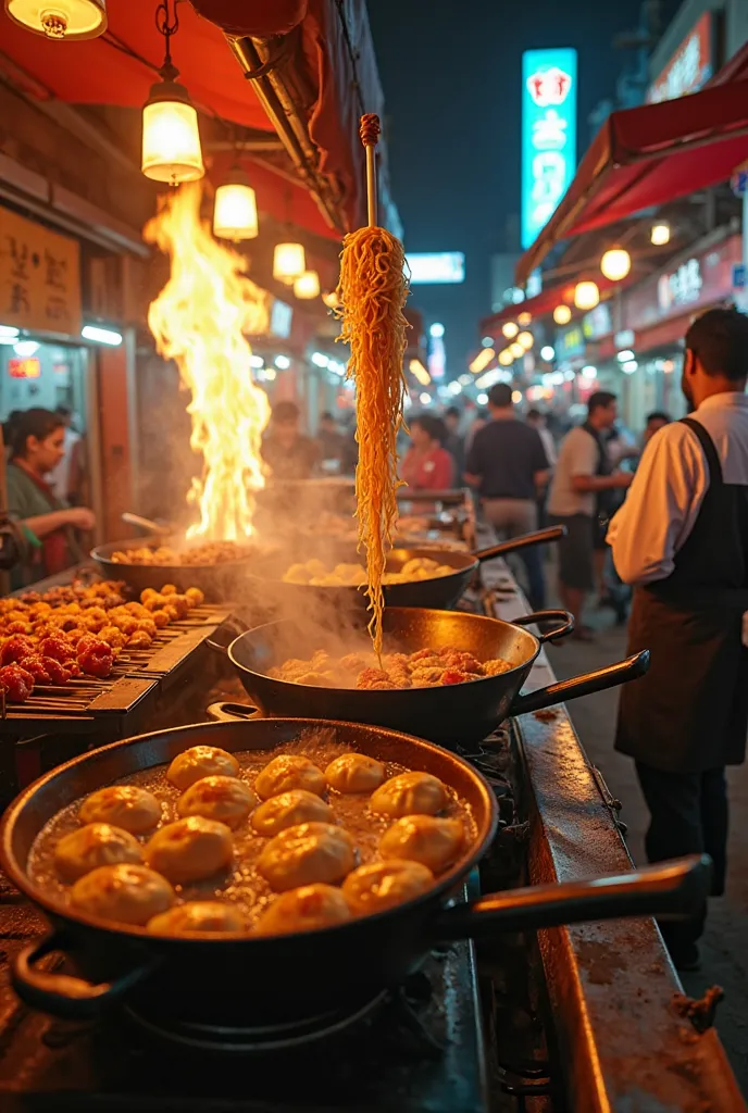 "A high-energy night market scene with sizzling woks, steaming dumplings, skewers of grilled meats, and rows of neon-lit food stalls. A chef tosses noodles high into the air, while flames burst from a pan in the background. The shot captures a wide-angle v...