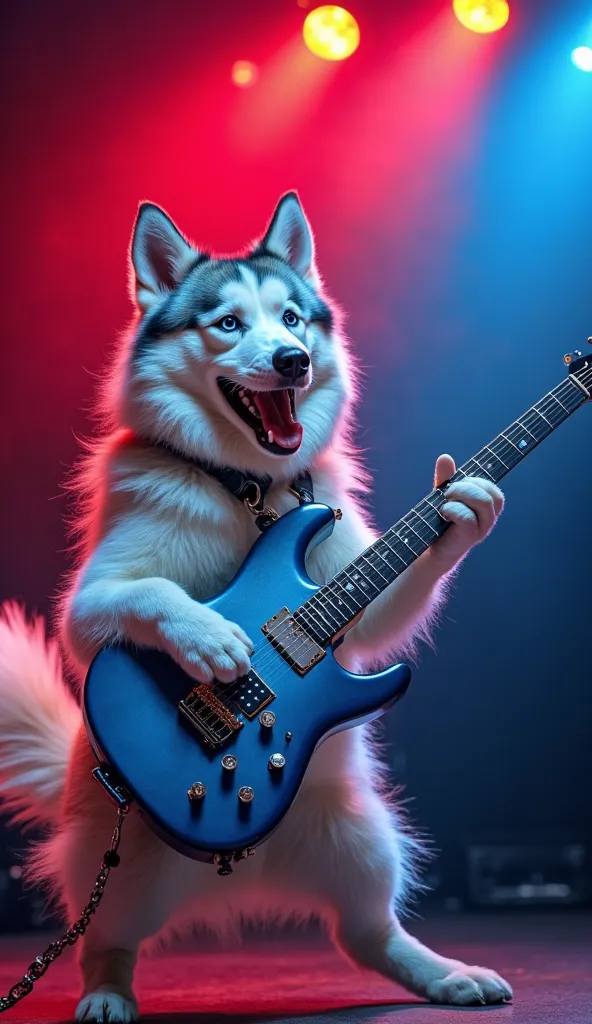 A spirited Siberian Husky, with piercing blue eyes, a fluffy white coat, and a wagging tail, passionately holds a sleek blue electric guitar adorned with silver hardware, its body curved to fit the dog's paw, as it performs a solo under vibrant, dynamic re...