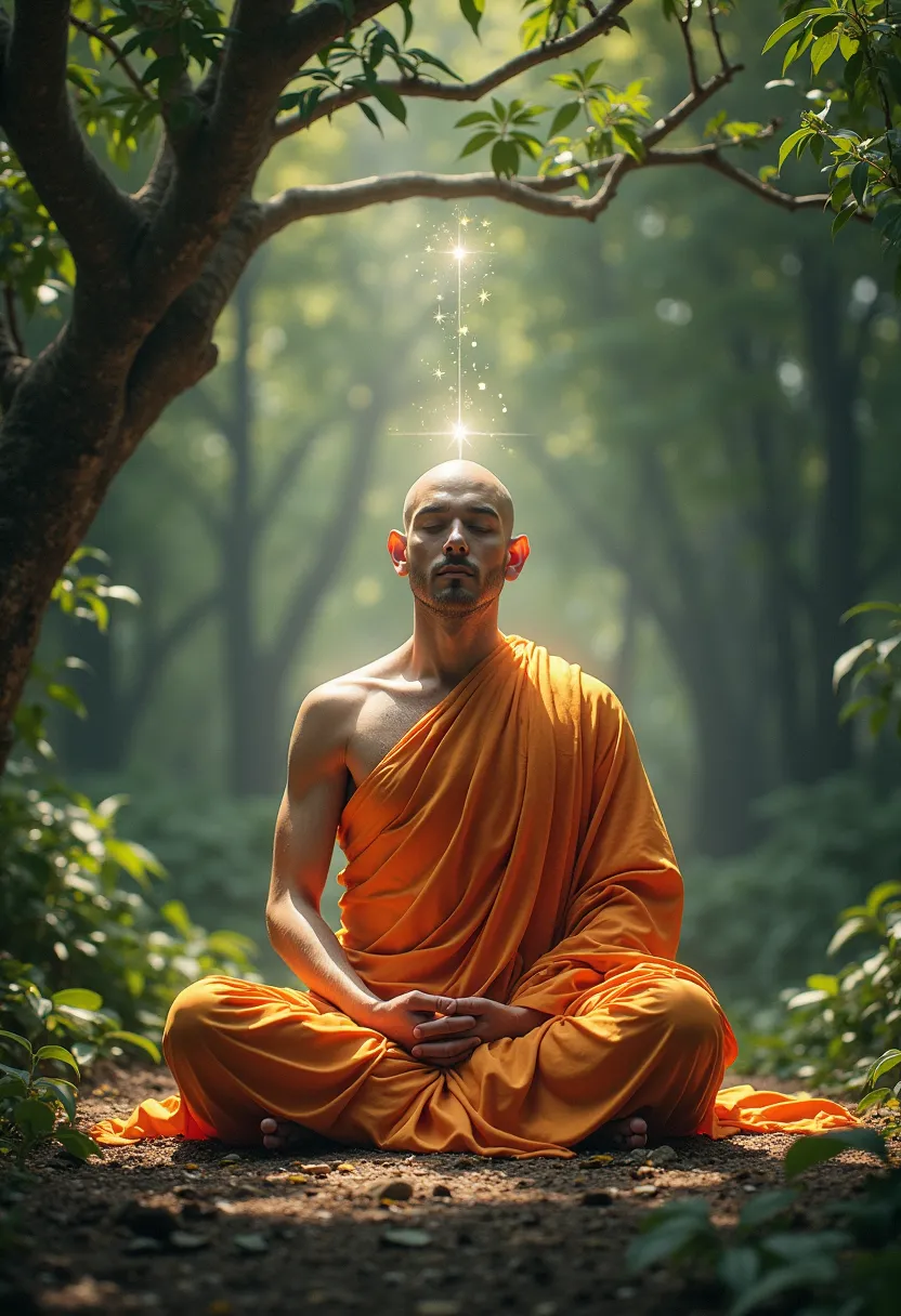 A 3D virtual image of a bald priest, wearing a royal tricolor blanket, a radiant glow around his body, meditating under a pho tree on a thin straw asana in a lush green forest. It looks like a photograph of a real person. 