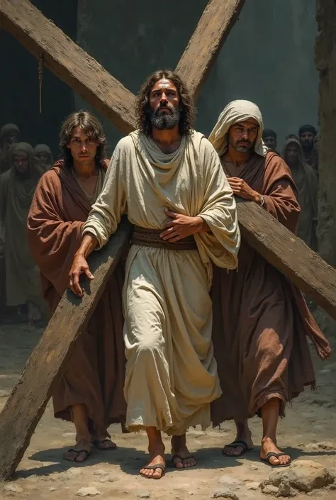 Jesus and two other people carrying a cross