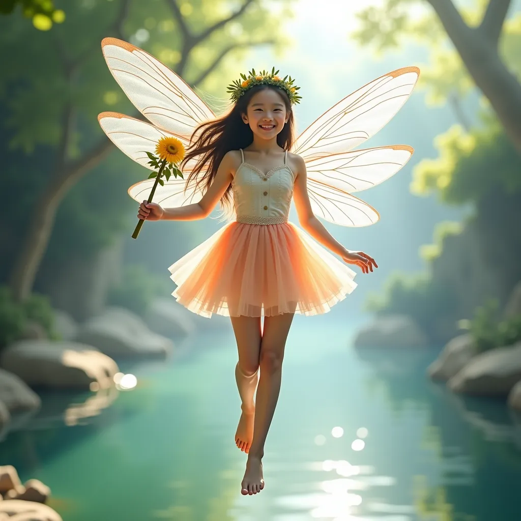 live-action、Fairy、when they are alive、 young Japanese beauty 、Laurel wreath、full body、Translucent colored costume、is floating in the air with a smile、,Clear wings like dragonflies、miniskirt、magic wand、