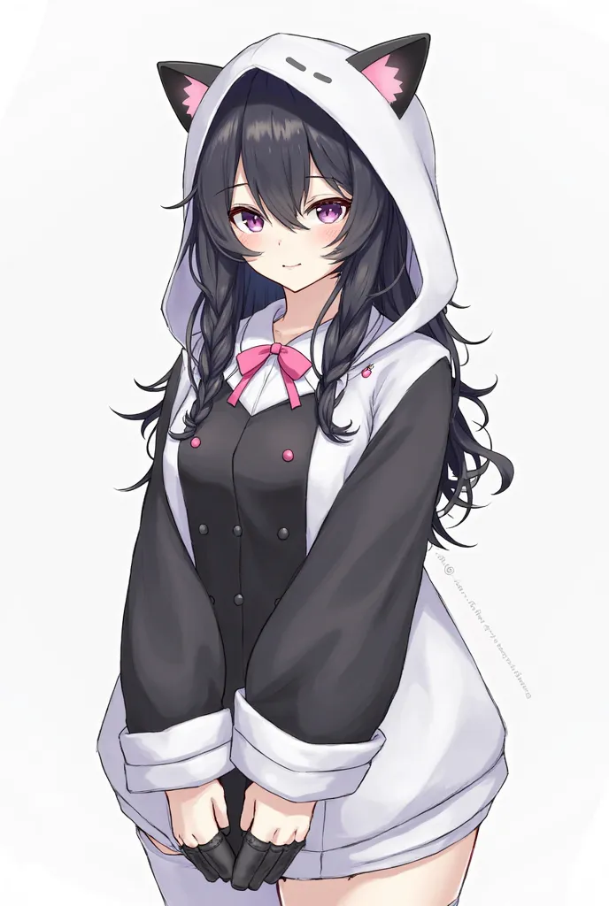 The character has long, wavy black hair, with bangs covering part of the forehead. He wears a hood with cat ears, that has a pink bow detail on one side. The outfit is predominantly black and white, with a black long-sleeved blouse and a white collar with ...