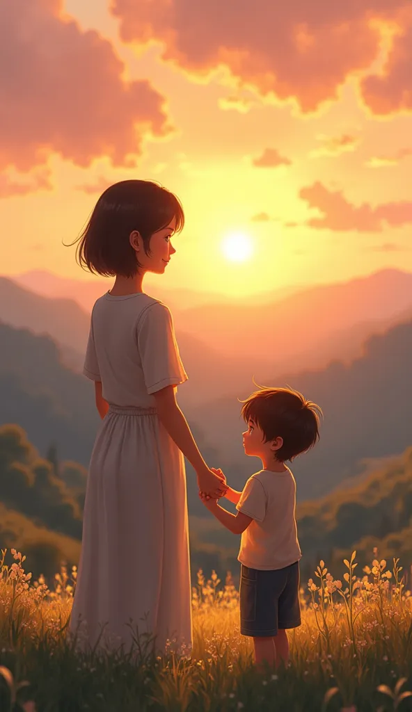 A young woman with short brown hair, with Son Gohan, watching the sunrise,  covers holding hands 