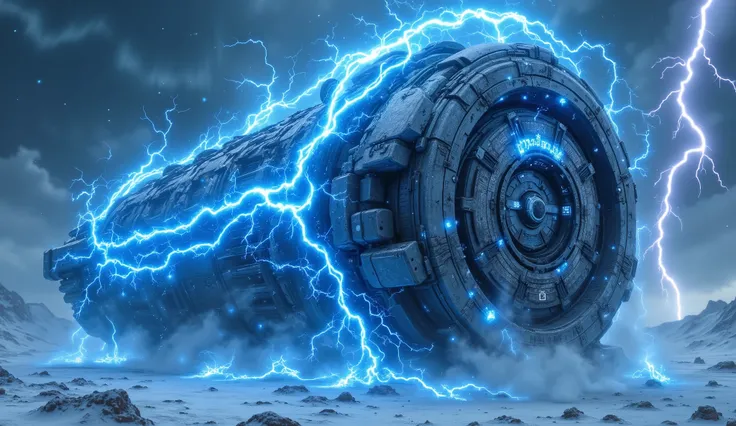 "A massive futuristic generator crackling with electric energy, adorned with glowing blue runes. The generator is made of steel and ice, and its surface is covered in holographic runes. The background shows a snowy battlefield, lightning bolts striking the...