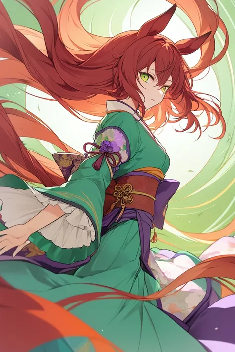 Win Barriersion ( Uma Musume), human anatomically accurate,  top quality,   touching very long hair  ,   hair to hide one eye , hair blown in the wind, hair blown in the wind,    red hair ,  horse ears,   yellow-green eyes ,  Dutch angle,   background blur...