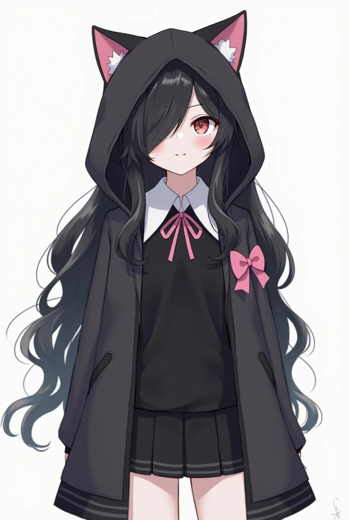 The character has long, wavy black hair, with bangs covering part of the forehead. He wears a black hoodie with cat ears, that has a pink bow detail on one side. The clothes are predominantly black , with a black long-sleeved blouse and a white collar with...