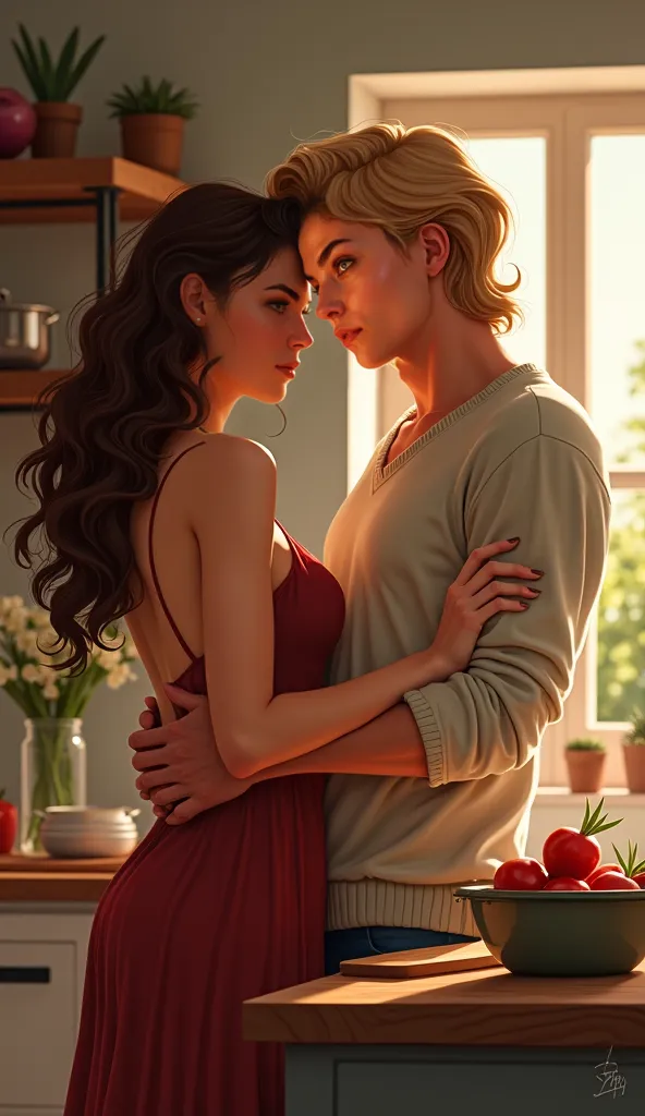 A Taurus woman with curly brown hair, wearing an elegant dress, standing next to her partner. Use the reference photo for the woman only. Her partner is a medium-height man with wavy blonde hair, blue eyes, and a warm smile, wearing a cozy sweater. Generat...