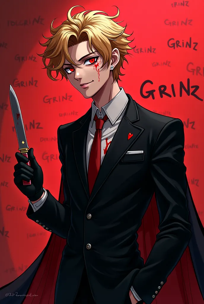 The art style is Anime:         a young man with red eyes, he is very handsome and hot man. He has blonde curly hair. A red blush creeping on his cheeks. He's wearing a very hot and tight black suit. He's extremely handsome. He is not a soft core but dark ...