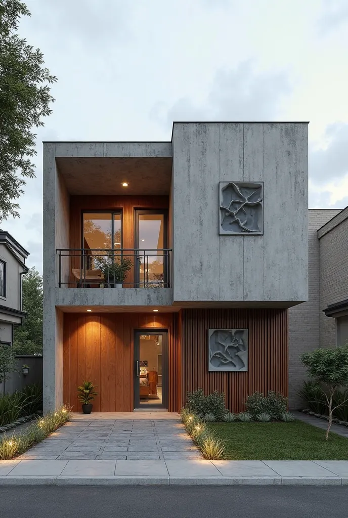 Prompt for Option 1:
“Modern single-storey house façade (60 m² , 7 m in front) with minimalist design, exposed concrete coating combined with wood panels. Continuous plating in plaster recess, decorative volumes in relief on the door and windows, natural l...