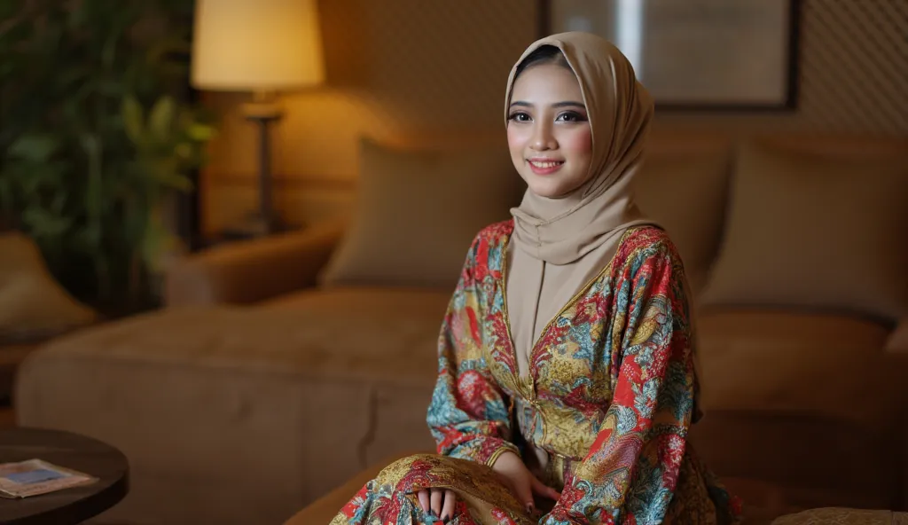 A beautiful fair-skinned Chinese girl wearing a stunning, colorful long hijab and an elegant patterned abaya is seated in a cozy living room, radiating happiness. Her beautiful face is adorned with a bright smile, and her delicate fingers, with perfectly m...