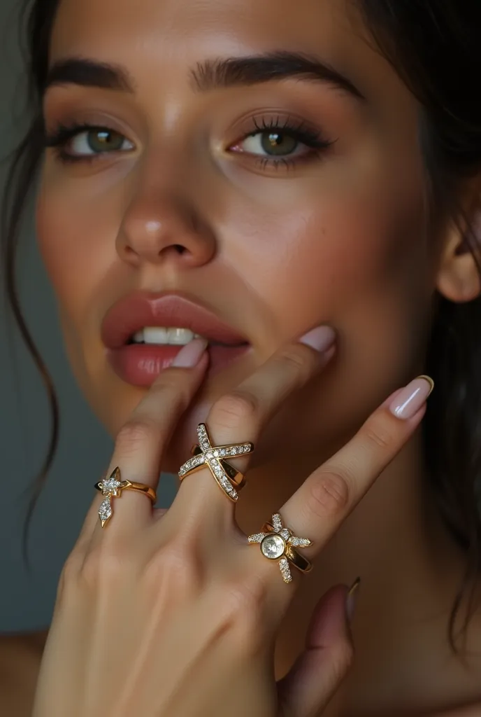 Ultra realistic woman of high beauty, using a 3 rings one on the indicator, Another in the ring and the other in the middle, All rings are gold and X-shaped crossed, front right diagonal perspective image.