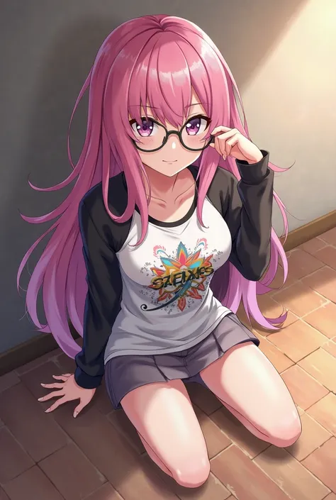 Anime girl with pink hair and glasses sitting on the floor, personal, arte splash de Guilty Gear Strive,  from the video game Azur Lane , estilo de arte Guilty Gear, guilty gear strive graphics,  story of the board armed girl , direção de arte do guilty ge...