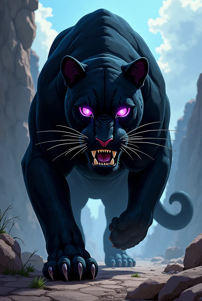 Create a huge, intimidating black panther with a purple right eye and a Celeste left eye in the style of Boku No Hero Academia