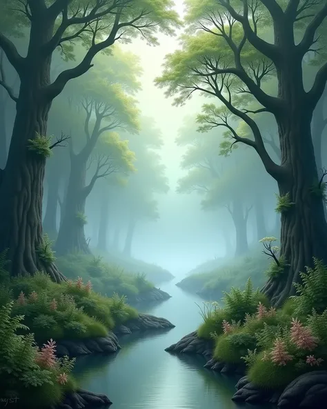 Forest, river, fog, sunlight