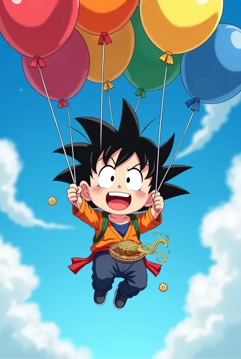 Chibi-style anime boy, inspired by Dragon Ball, with an exaggerated happy expression, being lifted into the sky by colorful balloons tied to his pants. His pants are slightly slipping down, adding to the comedic effect. He is eating ramen energetically, wi...