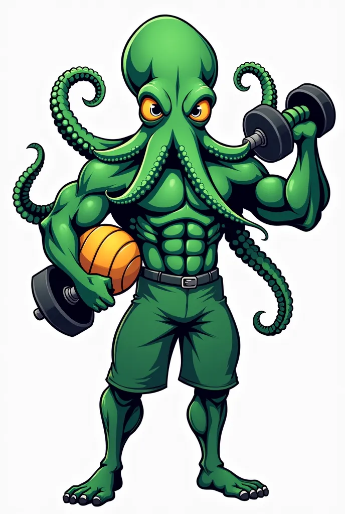 create an image for me "Muscular and athletic octopus mascot, determined eyes and stately expression  . He is in a dynamic and energetic pose, in green uniform holding a gym dumbbell in one hand and a volleyball in the other hand .  The art style is profes...