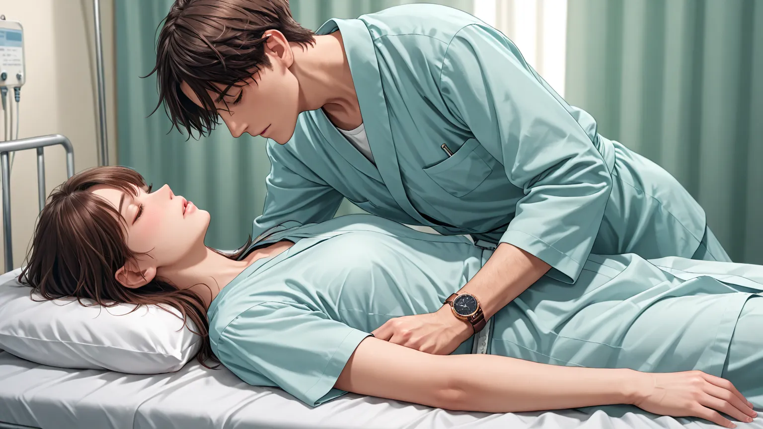 A boy is lying on his back in a hospital bed and is unconscious、Hospital clothes、 infusions、 college student 、22 years old、Next to it, a woman dressed in plain clothes watches from the sidelines, hoping that she will regain consciousness