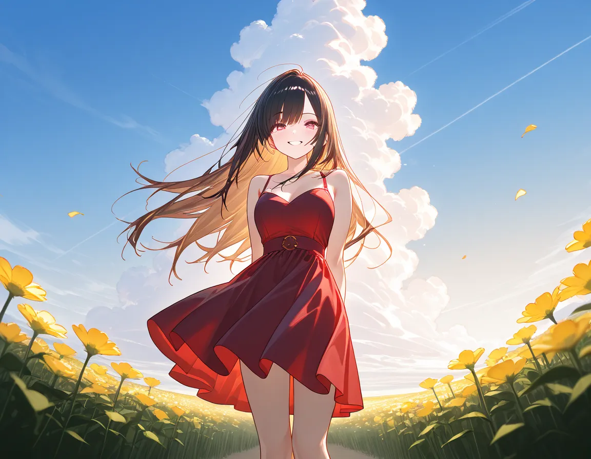 (((((masterpiece)))), ((((best quality)))), 「A beautiful woman wearing a gorgeous red dress、 standing in an elegant pose 。her long hair flutters in the wind、Her smile is charming。Beautiful parks and flower fields spread out in the background、Soft sunlight ...