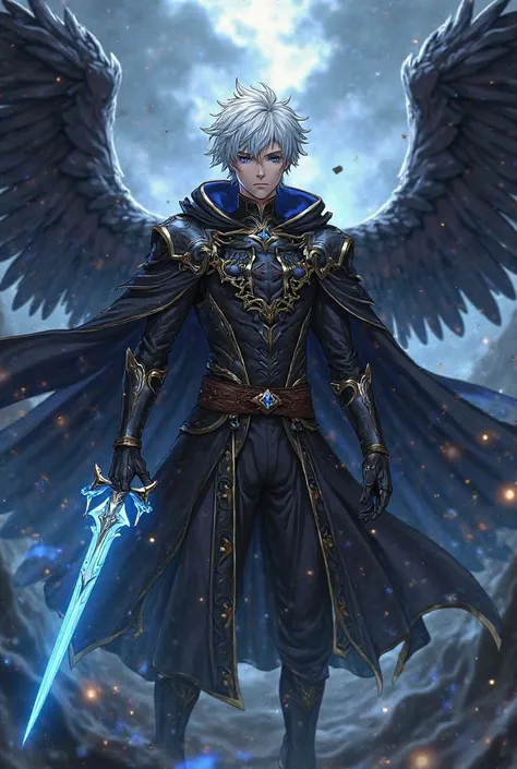 A young male warrior with silver-white hair and piercing blue eyes, wearing a black and gold-trimmed outfit with intricate patterns. His cloak flows dramatically as dark ethereal wings extend behind him. He holds a glowing blue dagger, with a determined an...