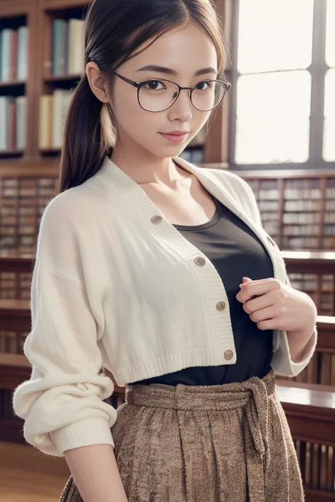 (8k, RAW photo, photorealistic, HQ, masterpiece, Brightly exposed photo), (Very elegant and beautiful, Perfect detail, Super detailed), a cute Japanese woman, (glowing eyes), 
(light smile), brown hair, low tied ponytail, glasses, (T-shirt, light jacket, M...