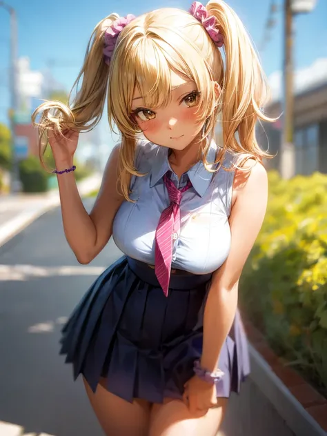 adorable girl,scrunchie , side up  , school uniform,(blush:0.4), (:0.3), (suggestive:0.9), (sadistic:0.3), sleeveless, , (tanned skin, looking at viewer:0.8), breast , thighs, knees, ,  gyaru