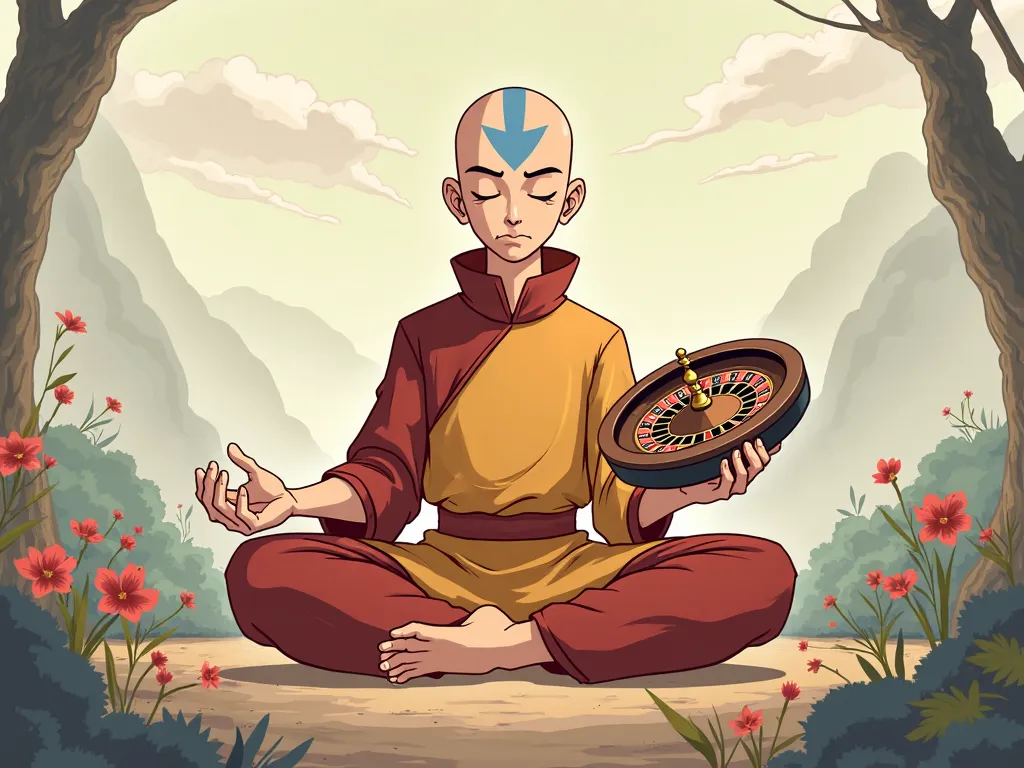 avatar aang, hand wear roullete wheel ,   21 years old, meditation. cartoon
