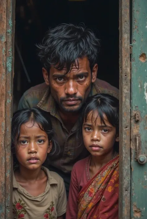 A nepali 25 years male is leaving his home to go to foreign country because of his poverty. His eyes are full of tears. His wife stands at the door steps waving him `good bye´. She is also in tears. Their 2 ren are standig by their mother crying.