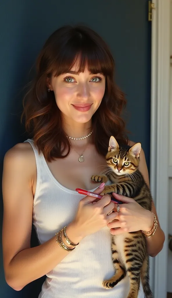 "A young woman with shoulder-length dark brown hair and bangs stands indoors against a dark blue wall and white door frame. She wears a fitted white ribbed tank top, multiple gold bracelets, and a pearl bracelet on her left wrist. In her right hand, she ho...