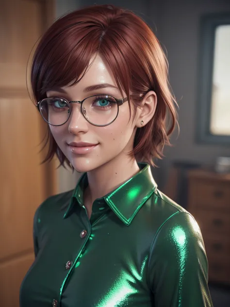 close-up, upper body. green eyes. metal frame diopter glasses. short player, red hair. ( green shirt with buttons:1.2). ( smile:1.2) girl . ( Masterpiece , top quality shirt, Better quality, official art,  beautiful and aesthetic:1.2), is extremely detaile...