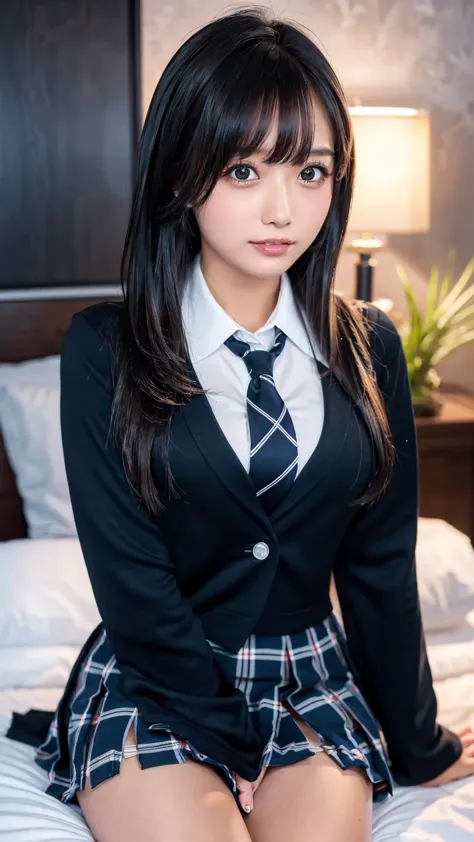 ((masterpiece, highest quality, High Resolution, Ultra High Definition)), Japanese High School Girls,(realistic:1.5)、smiles、great face、closed mouth、 sharp mouth、Glossy Lips 、long hair,(beautiful black hair:1.5)、high school uniform,(navy blue blazer,tie, dr...