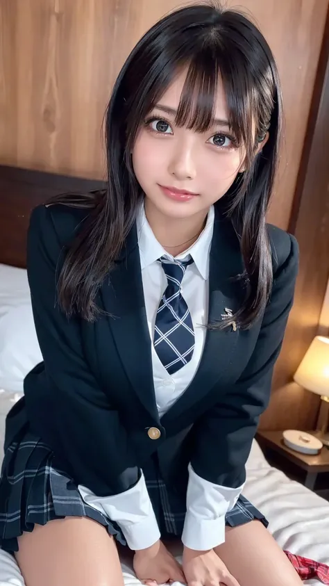 ((masterpiece, highest quality, High Resolution, Ultra High Definition)), Japanese High School Girls,(realistic:1.5)、smiles、great face、closed mouth、 sharp mouth、Glossy Lips 、long hair,(beautiful black hair:1.5)、high school uniform,(navy blue blazer,tie, dr...