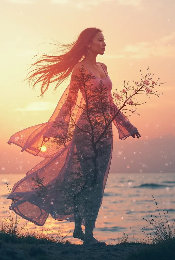 runs away from the mountain High quality,  8K Ultra HD, Прекрасная double exposure, that combines the silhouette of a goddess and the sunset on the coast, , the sunset coast should serve as a background, with its details,  incorporated into the silhouette ...