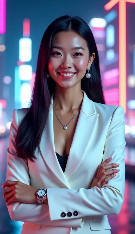 A modern and technological image for the cover of a digital influencer course, featuring a confident young Asian woman with sleek, straight dark hair, expertly styled, exuding an air of authority. She is wearing a crisp, white power suit and stylish silver...