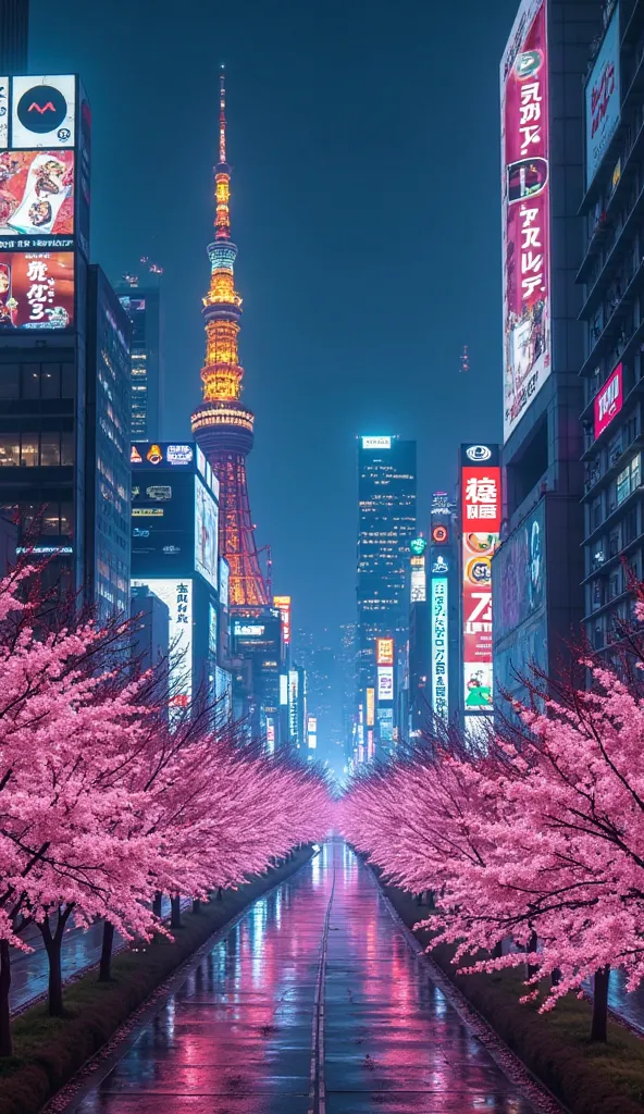 "A futuristic and neon-lit skyline of Tokyo, Japan, at night. Towering skyscrapers, bright billboards, and glowing cherry blossoms in the foreground create an electrifying cyberpunk-style atmosphere. The Tokyo Tower and Shibuya Crossing are visible, showca...