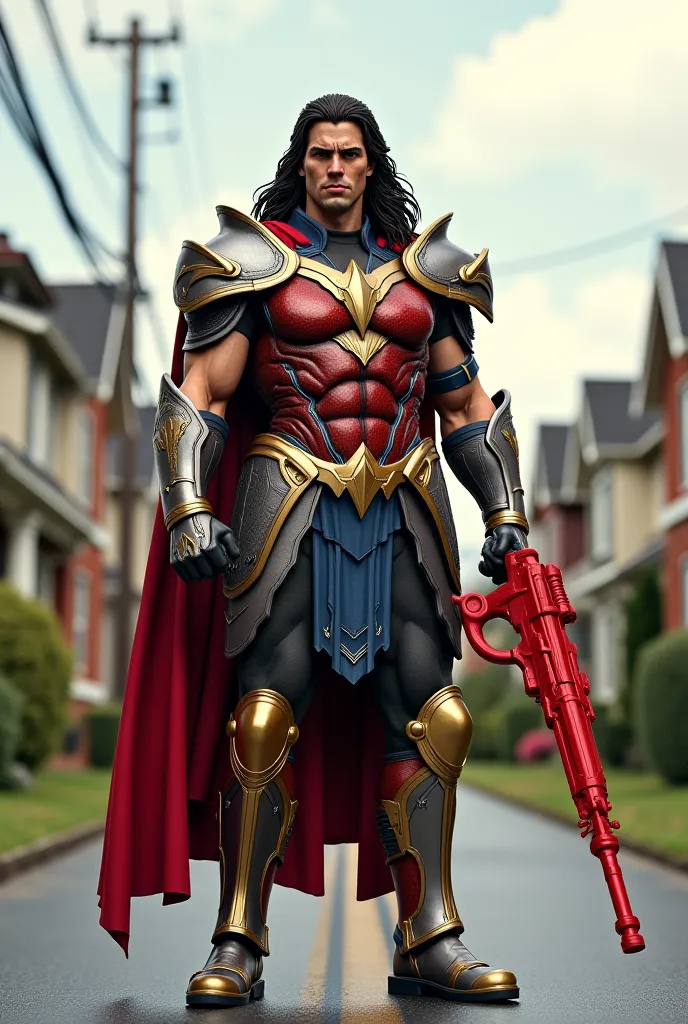 Wonder Woman's father, dressed in shining armor, points a red toy gun forward on a street filled with modern houses. 