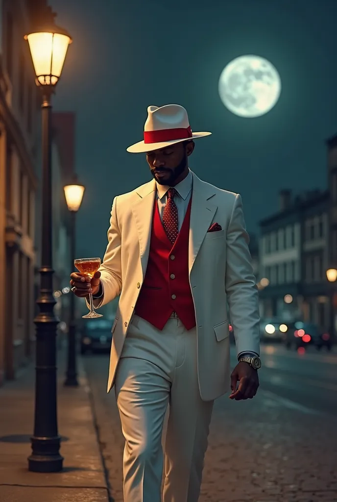 black man, wearing a white and red suit, a white hat with a red ribbon on his head, smoking a cigarette, with a glass of drink walking on the road, next to a lamppost, with the moon in the background