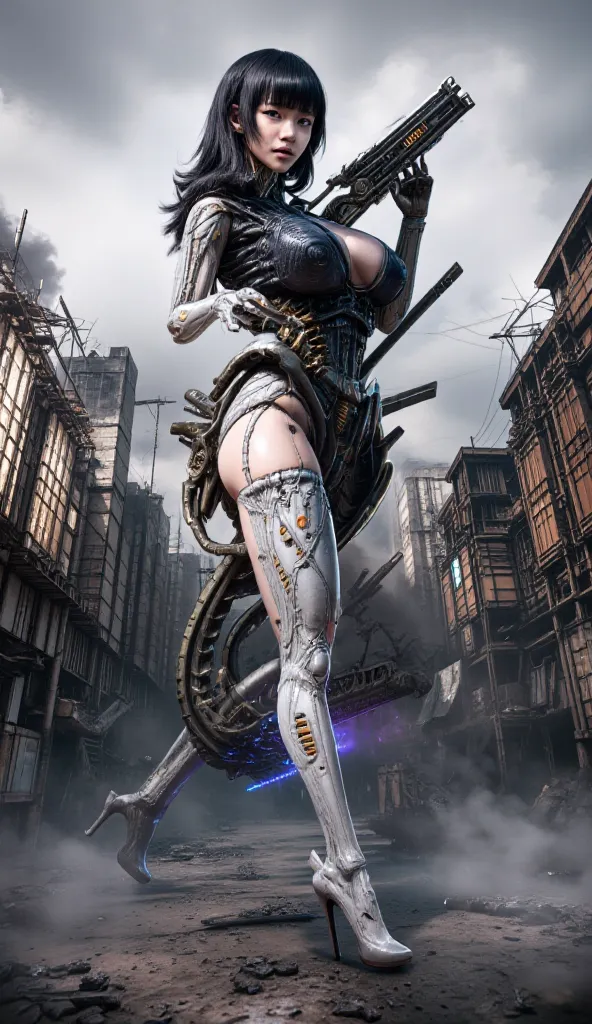 God Eater, a gorgeous Korean female idol wearing a deep V sheer lace mini dress, stockings and gorgeous super high heels, stands in a dystopian urban setting holding a huge, highly detailed A mechanical chainsaw-like sword, full of complex mechanical parts...