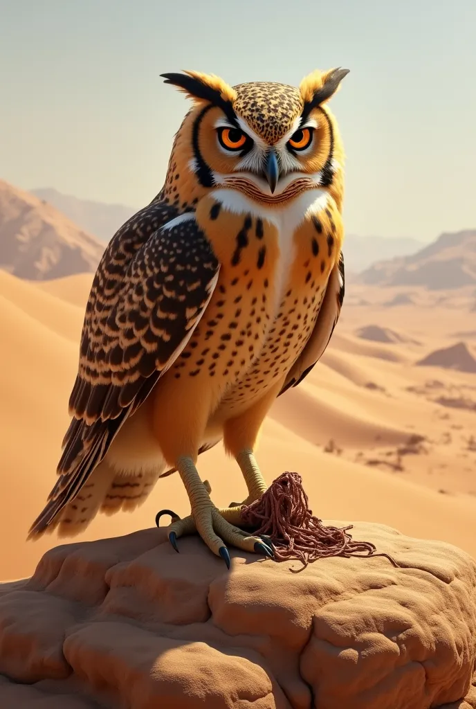 Desert owl eating earthworms