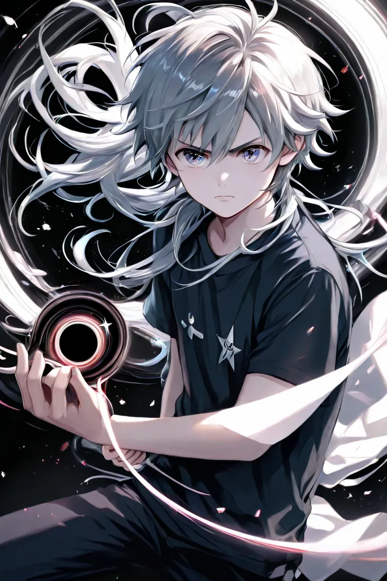 1 boy shota anime, long hair is black, beautiful eyes as black as black holes, with a circular pattern and a five-pointed star in the eye, he had soft pink white skin,  wearing t-shirt  , sharp gaze , holding a bow in his hand, Mastery, serious face, frown