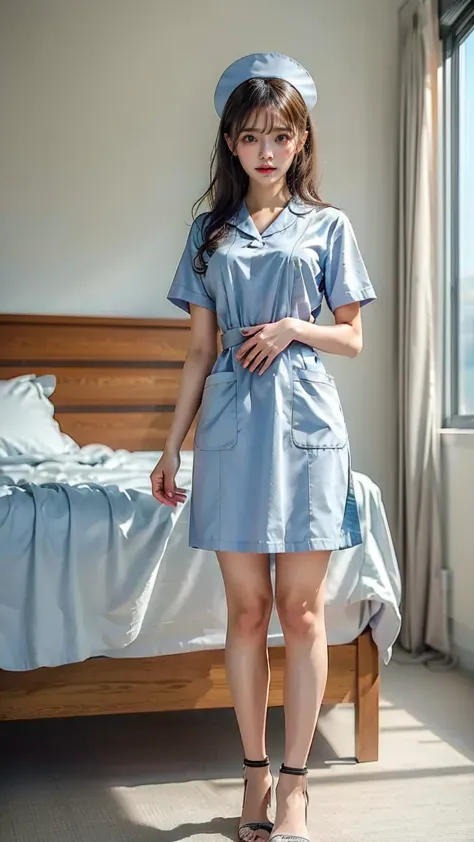 a beautiful young 24-year-old Japanese woman, beautiful, detailed anatomy, beautiful skin, random hair color and hairstyle, big breasts, nurse hat, (nurse uniform:1.3), nurse cap, (she is standing:1.2), full body shot, high heels, hospital, (best quality,8...