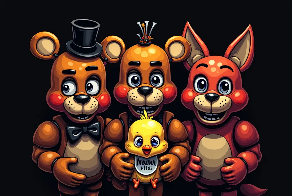 Create the banner of a store on a black background maybe of a 90s pizzeria with elements from the game Five Nights at Freddy's like Freddy's (an animatronic bear with a top hat and red cheeks) Chica (A little yellow chick with a bib) e o foxy (an eyespotte...