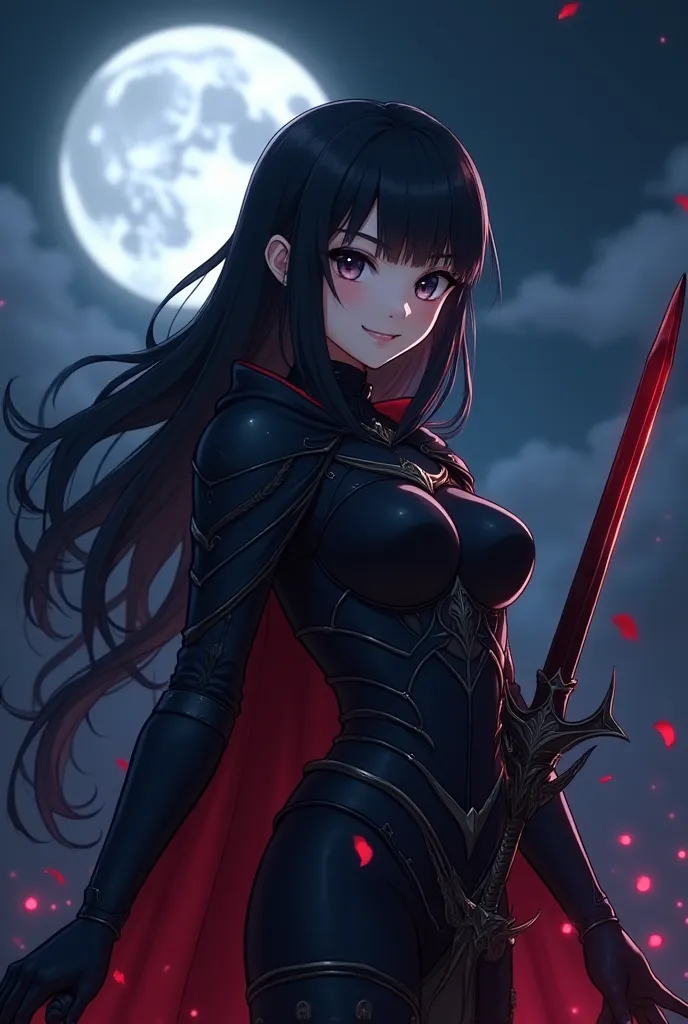 Anime character for avatar, character woman with dark hair and cute face , fate fight night , night in the background and you can see the moon, and the woman is dressed in the armor of the Dark Knights, Woman smiling, blood sword in your hands 