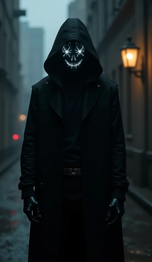 A male wearing an LED mask and all dressed in black like a stalker 