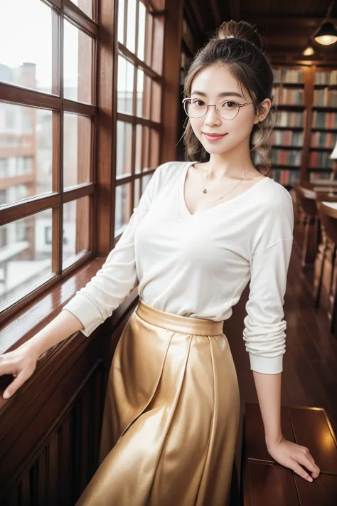 (8k, RAW photo, photorealistic, HQ, masterpiece, Brightly exposed photo), (Very elegant and beautiful, Perfect detail, Super detailed), a cute Japanese woman, (glowing eyes), 
(light smile), brown hair, low tied ponytail, glasses, (T-shirt, light jacket, M...