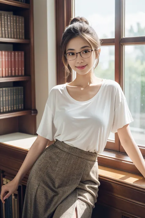 (8k, RAW photo, photorealistic, HQ, masterpiece, Brightly exposed photo), (Very elegant and beautiful, Perfect detail, Super detailed), a cute Japanese woman, (glowing eyes), 
(light smile), brown hair, low tied ponytail, glasses, (T-shirt, light jacket, M...