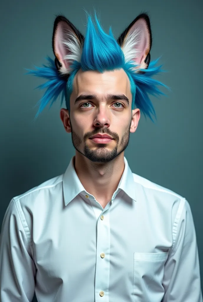 A man wearing a doctor's shirt, blue hair, with cat ears.