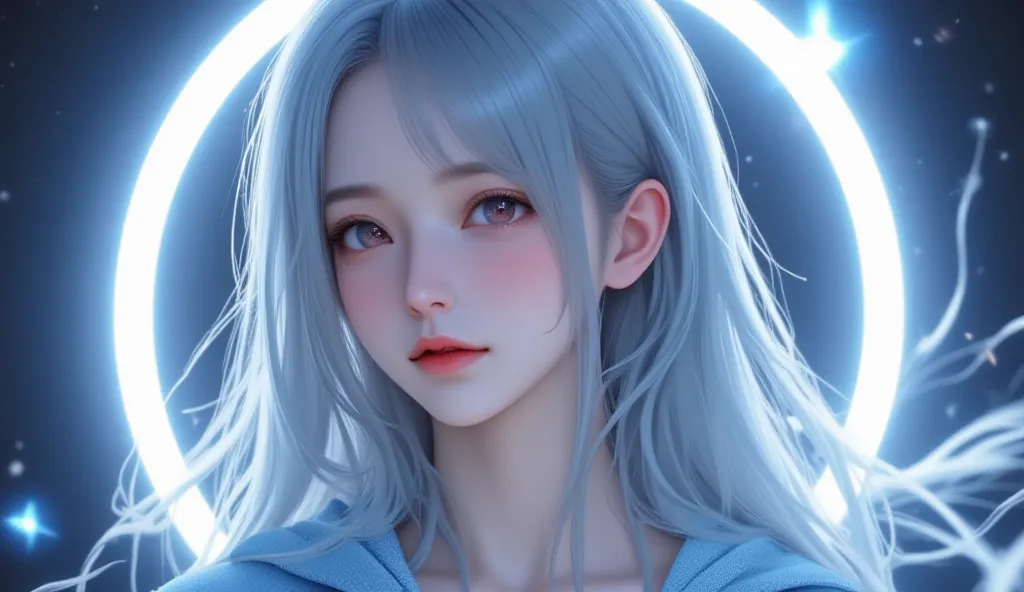 A beautiful girl with long light blue hair is wearing a light blue deep V hoody. There are light blue magic light flowing special effects all around, and the background is a solar eclipse. Octane rendering, plump bust. sexy