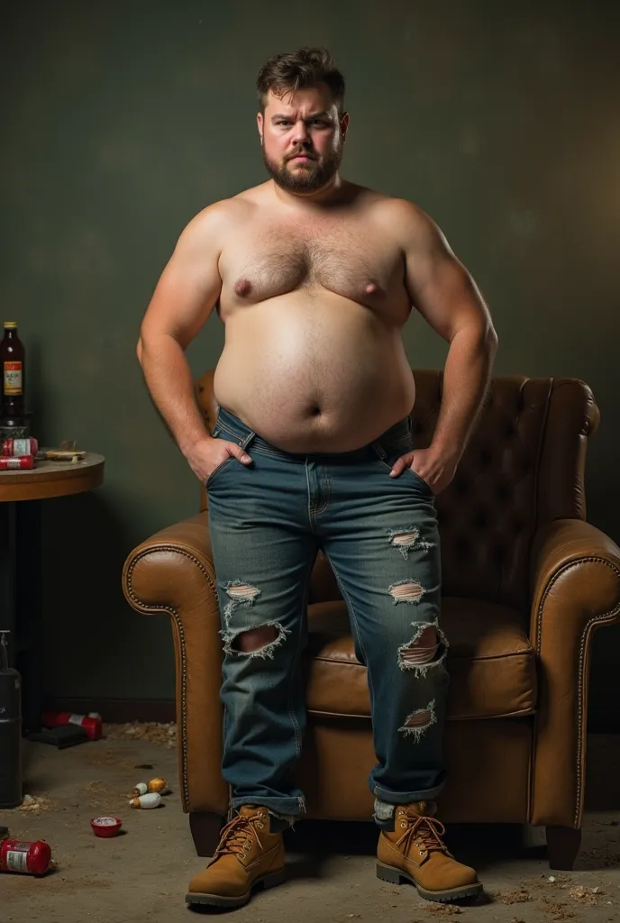 A 17-year-old white man is standing, with one of his legs resting on the arm of a frayed brown leather armchair, showing off a big belly. He wears only worn worn military jeans, with torn knees. The expression on his face is one of disgust and disgust, loo...