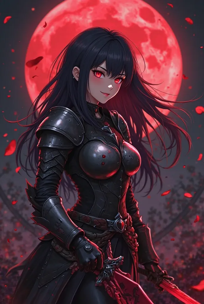 Anime character for avatar, character woman with dark hair and cute face , anime style fate fight night , night in the background and you can see the blood moon, and the woman is dressed in the armor of the Dark Knights, Woman smiling, blood sword in your ...