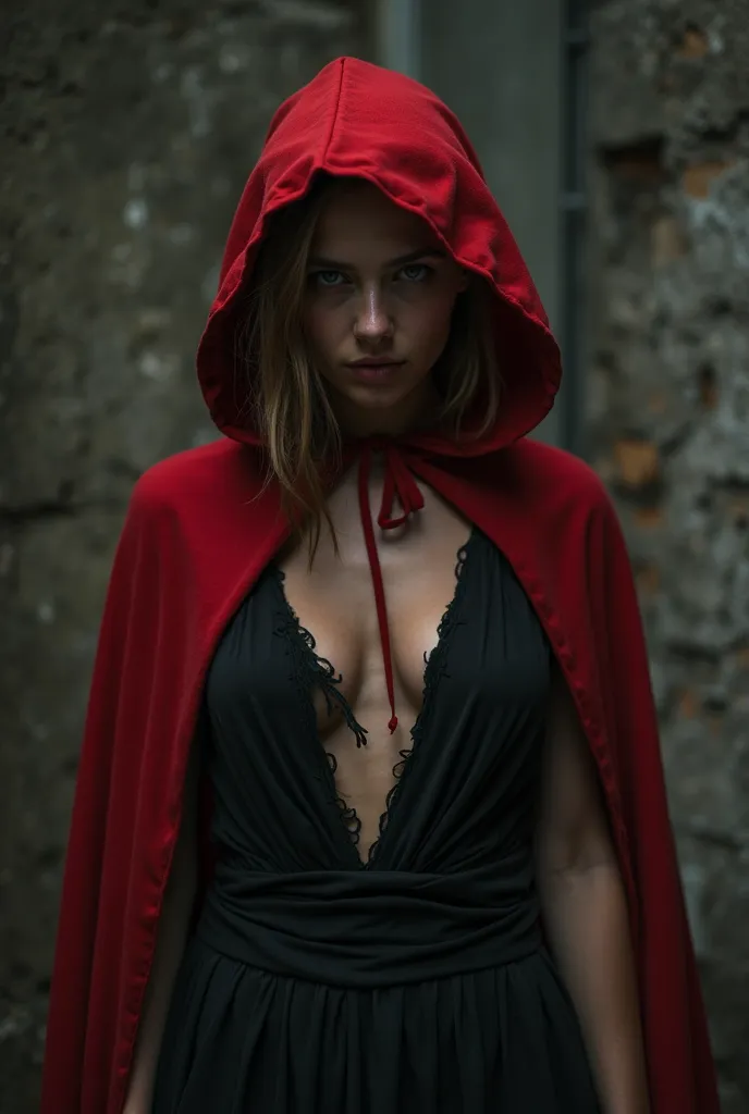 Personnage du petit chaperon rouge en version jeune femme de 18 ans, elle porte une cape rouge et une robe noir tres courte, ses vêtements sont déchirées au ventre et a la poitrine, ambiance film d horreur sombres